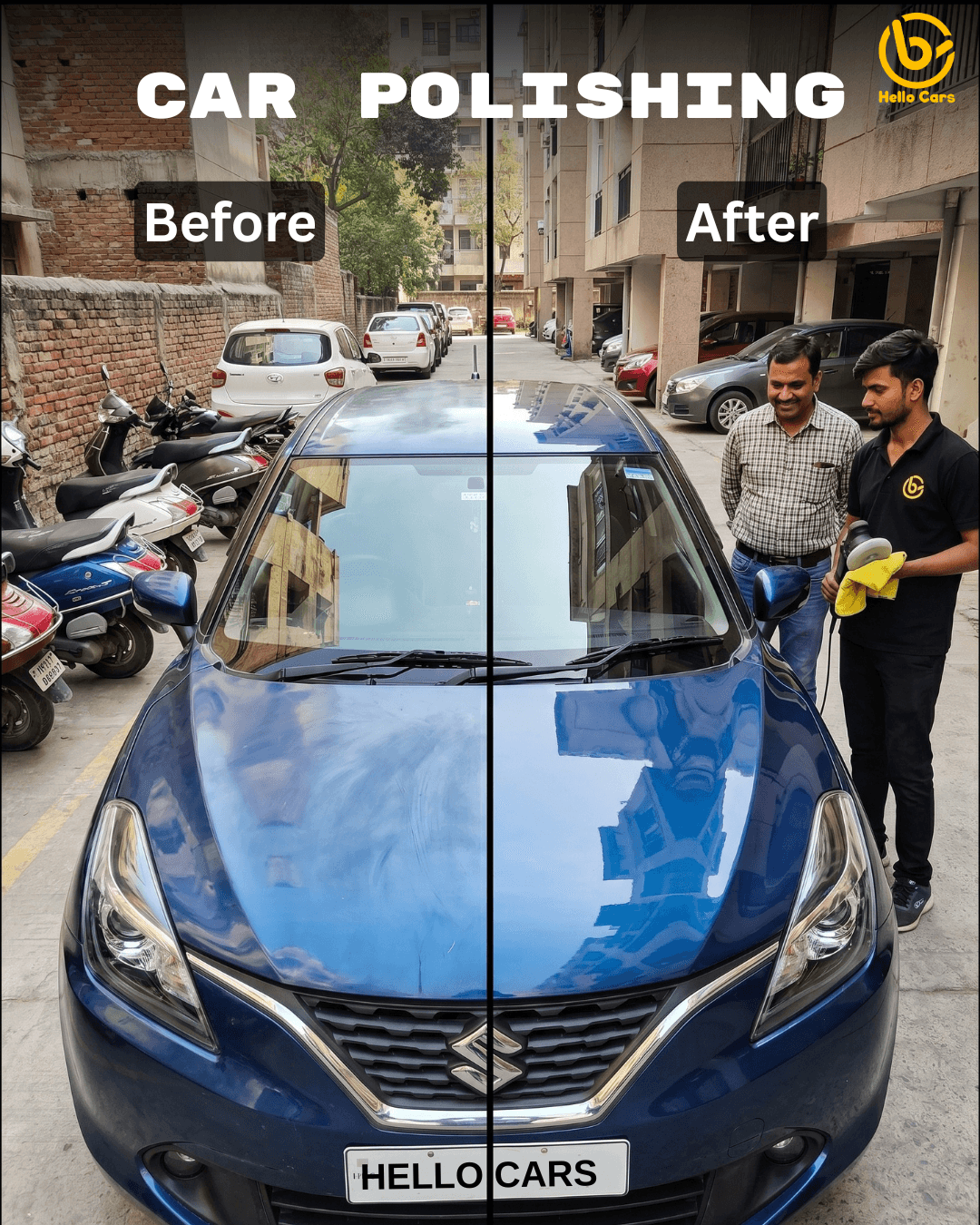 Before and after professional car polishing by Hello Cars