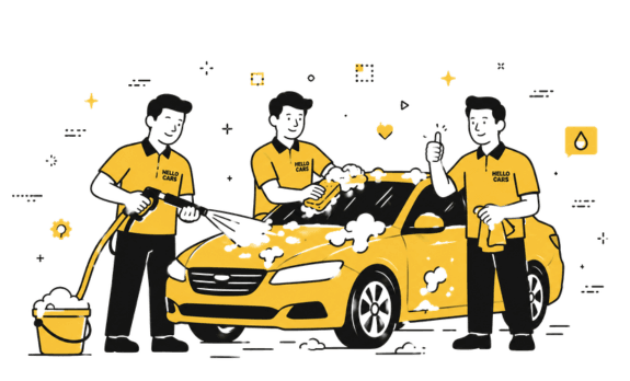 Hello Cars technicians washing a car at a customer's home